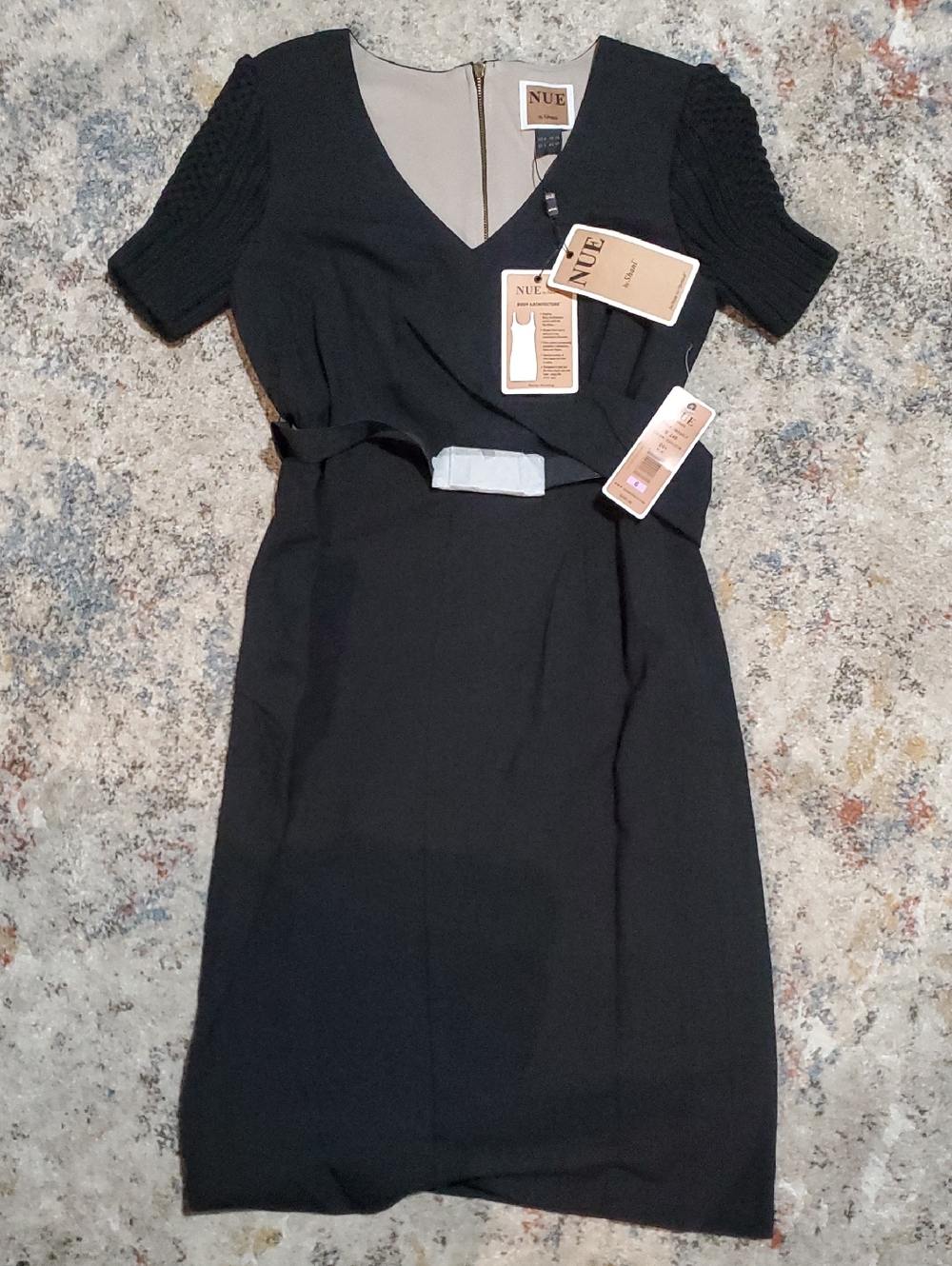 Nue by Shani Black V-Neck Midi Sheath Dress with Belt